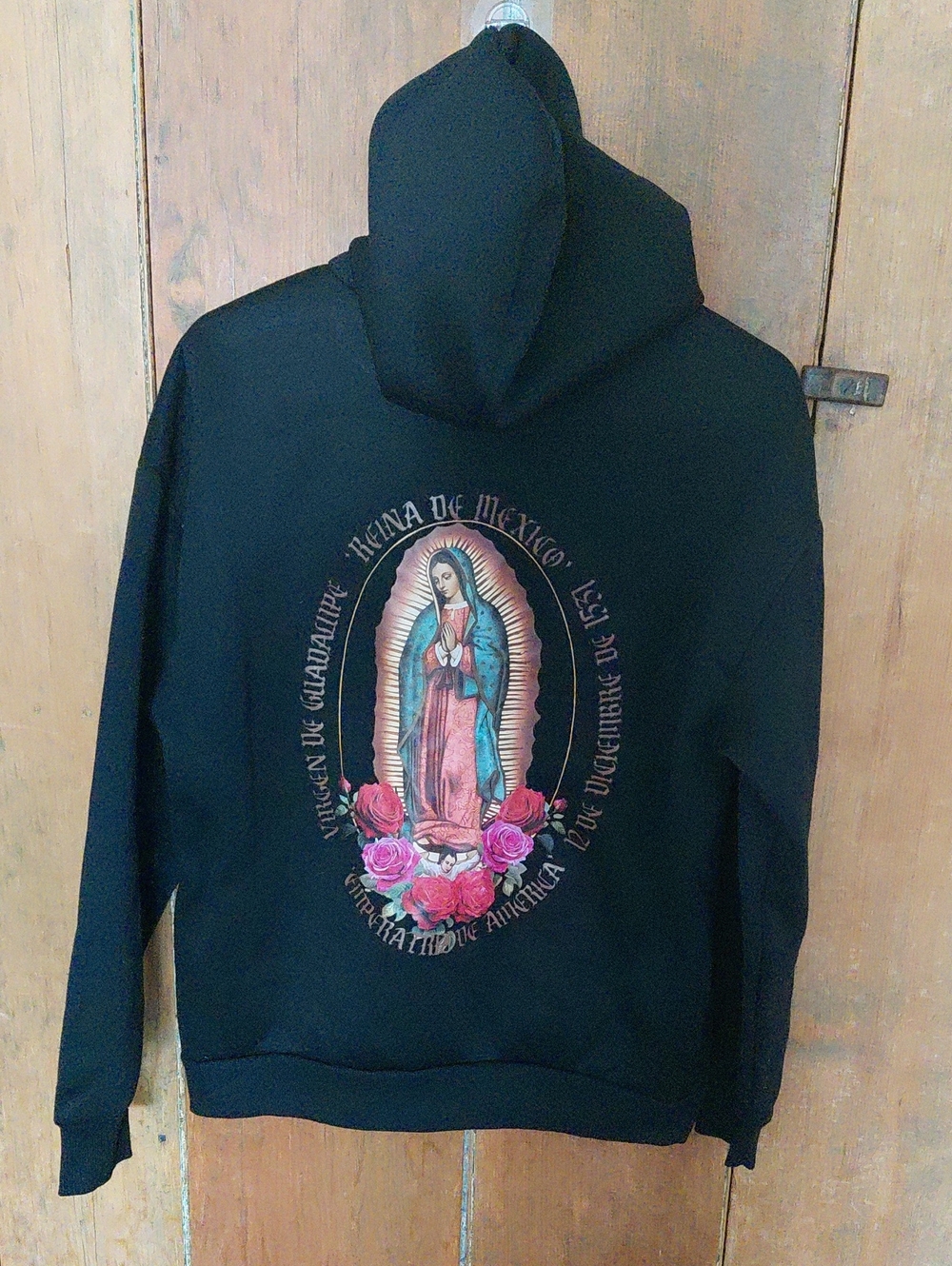 Black Hoodie with Virgin of Guadalupe Graphic and Pink Roses Size S
